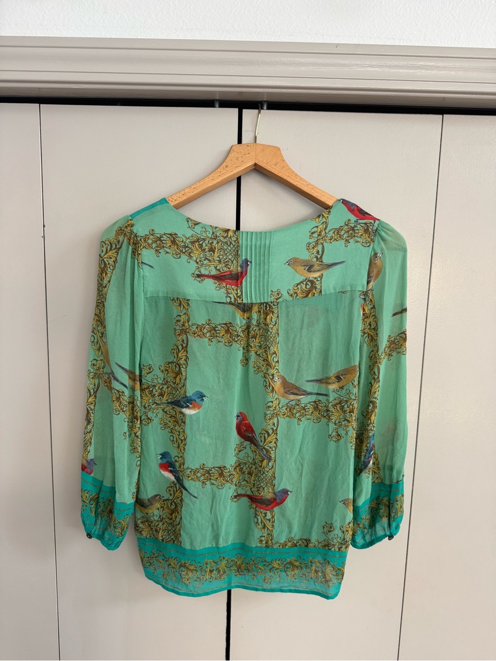 Anthropologie 100% Silk Bird-Print Square Neck Blouse - Picture 2 of 3